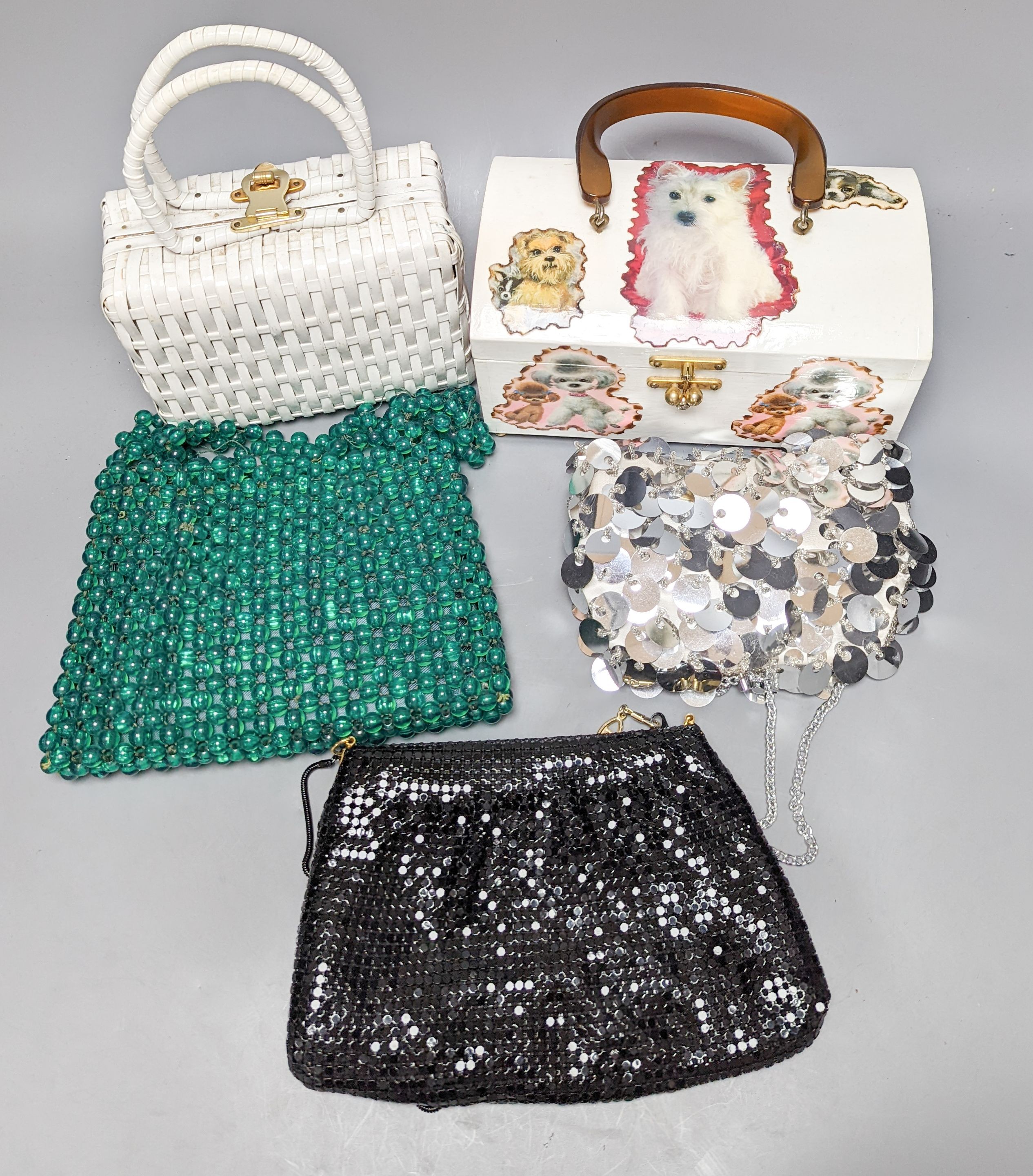 Two American 1950's-60's novelty handbags and three beaded evening bags